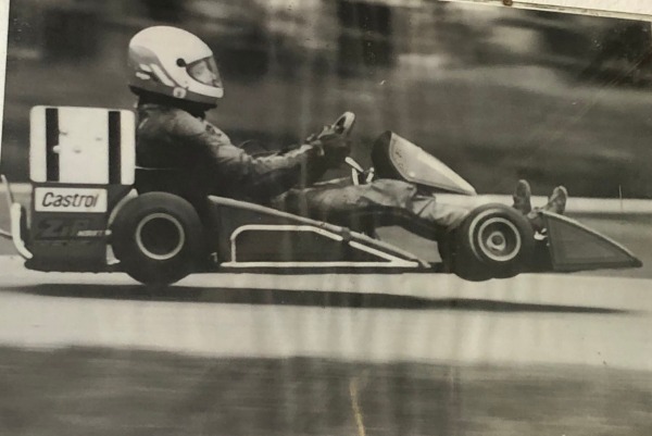 Mick Doble, launching off the mountain at Cadwell Park to finish runner up in the British Championship, 1979